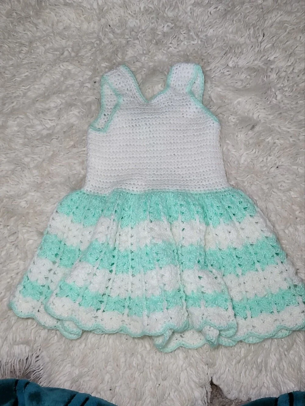 White and Mint Green Crochet Girls' Casual Dress